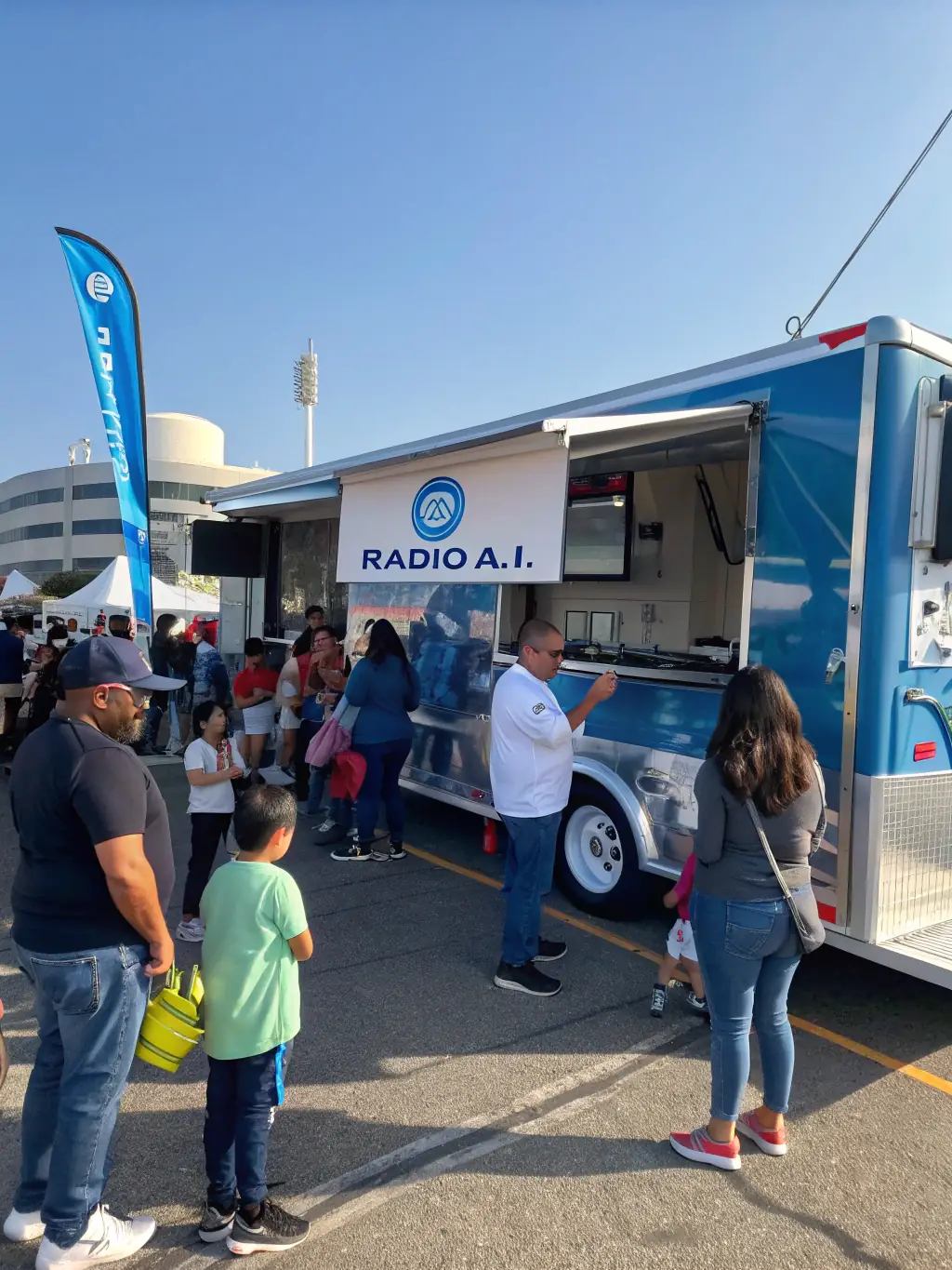 A photo of the Radio A.I. mobile food trailer parked at a local community event, with people interacting with the staff and participating in health screenings.