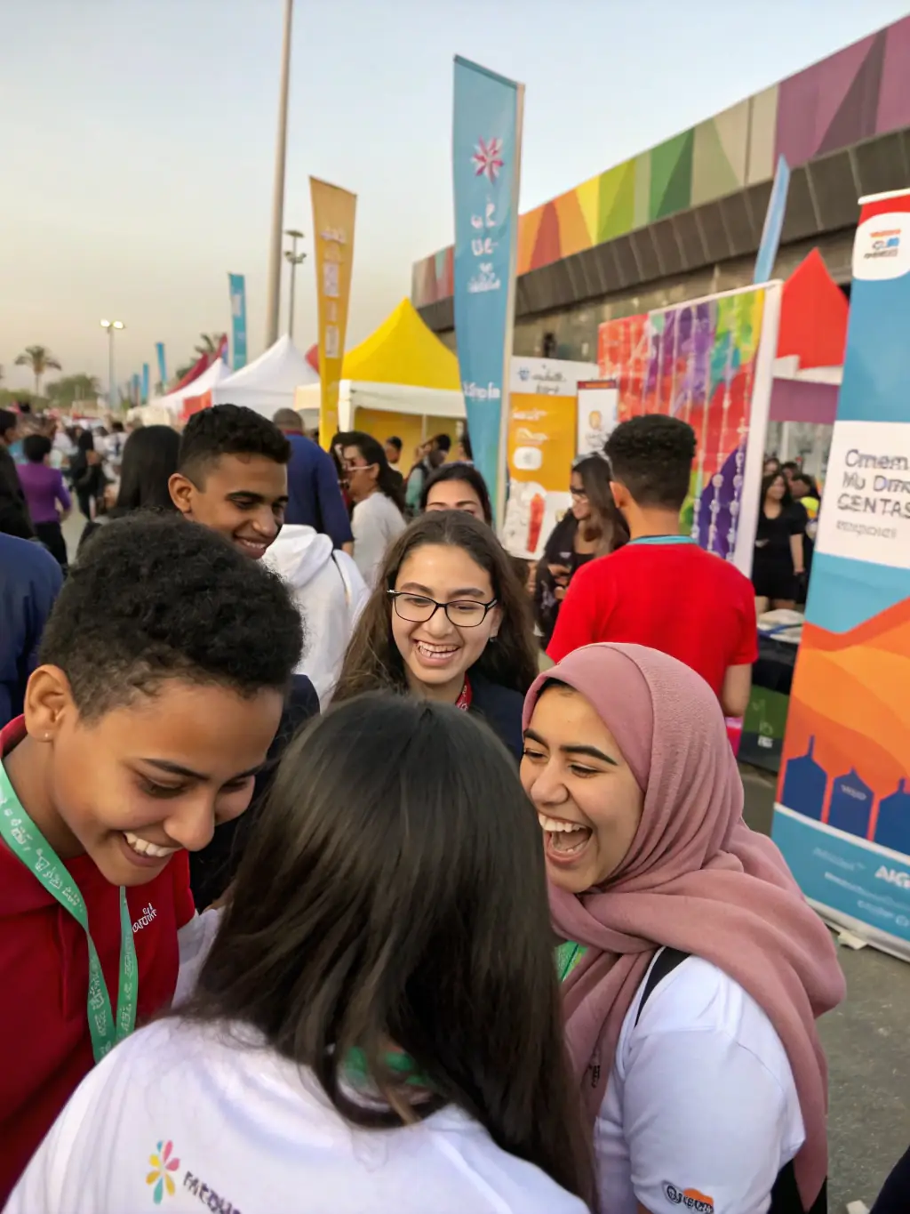 A diverse group of people interacting with the Radio A.I. team at a health fair, showcasing the company's commitment to community engagement and health awareness.