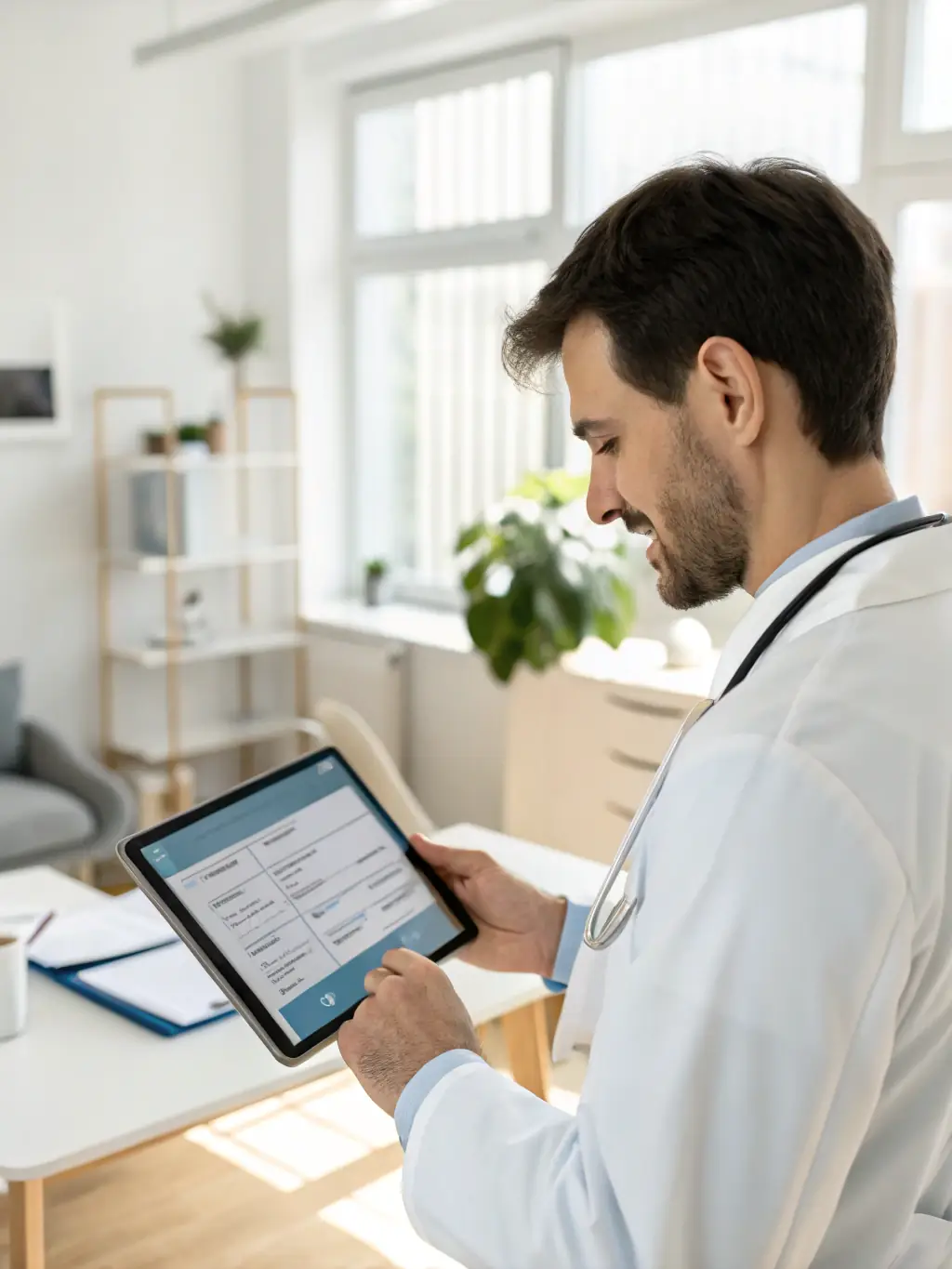 An image of a person using a tablet to access health diagnostics, with a clean and modern AI interface in the background, symbolizing the ease and accessibility of Radio A.I.'s online services.